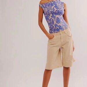 Free People Shea Top Blue Combo One Shoulder Smocked Size L NWT